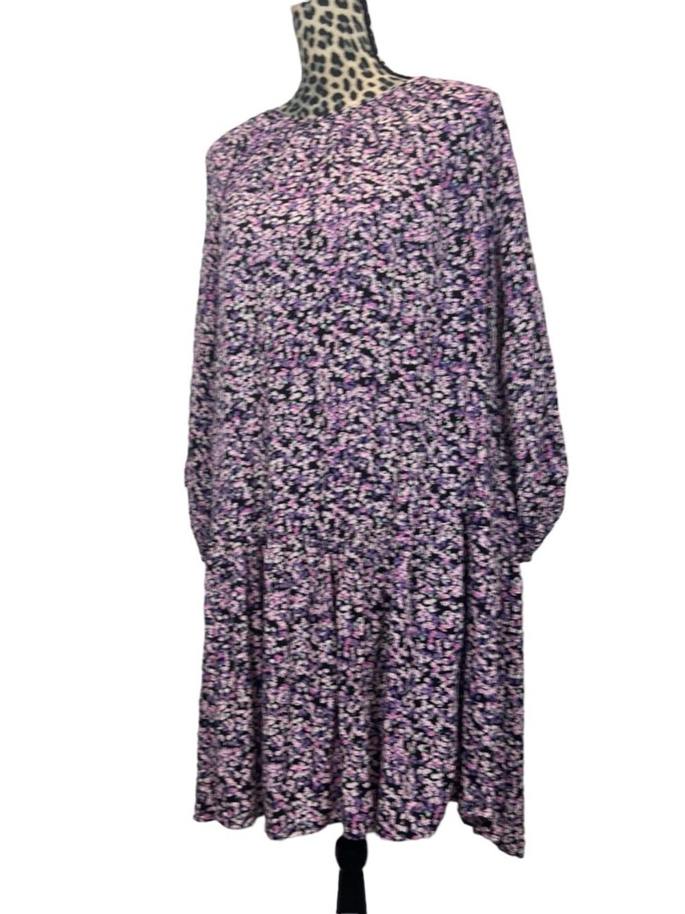 NEVER WORN H&M Long Bell Sleeve Floral Midi Dress, Black and Purple, Scoop Neck